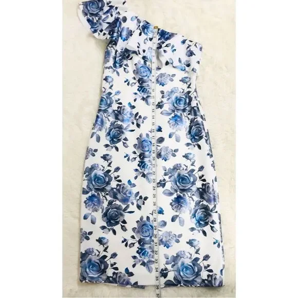 ELIZA J One Shoulder Sheath Dress Size 6 Blue Floral Print Metallic Ruffle New - Picture 13 of 13